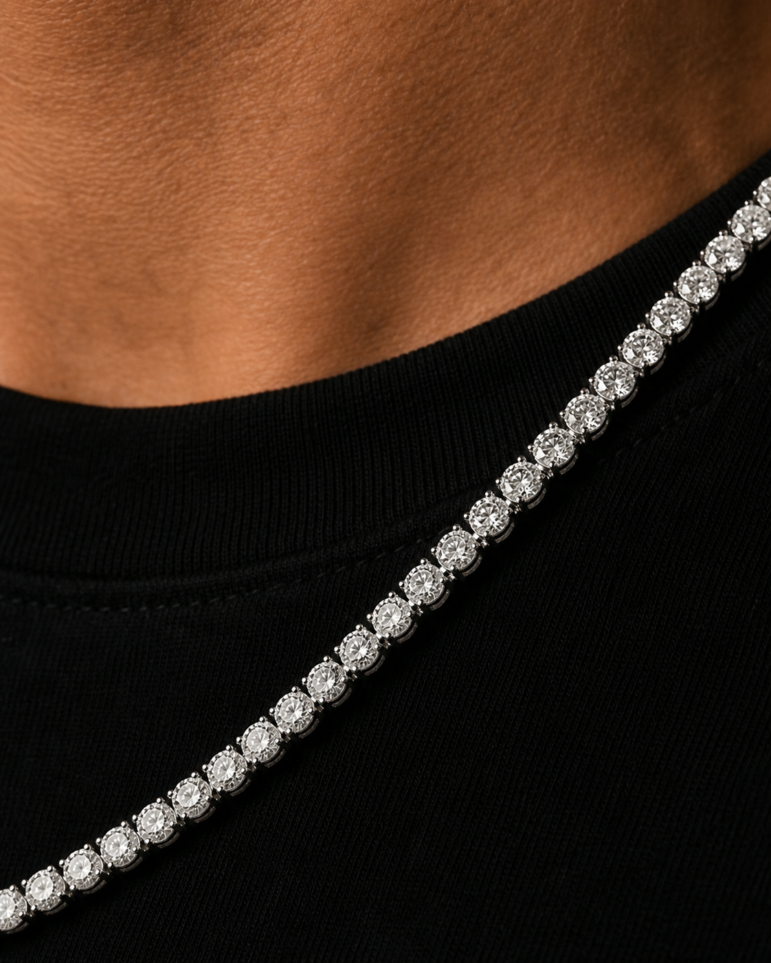 Silver Iced Tennis Chain 3 mm worn by Tyler, diagonal close-up