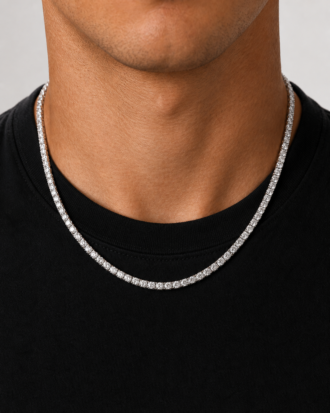 Silver Iced Tennis Chain 3 mm worn by Tyler, close front view