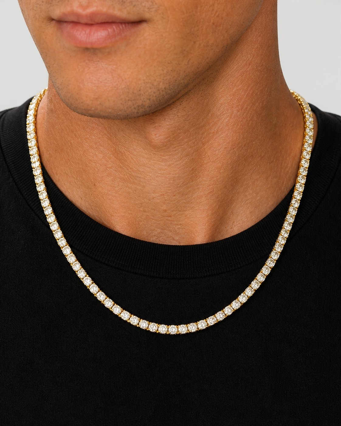 Gold Iced Tennis Chain 4 mm worn by Drew, close front view