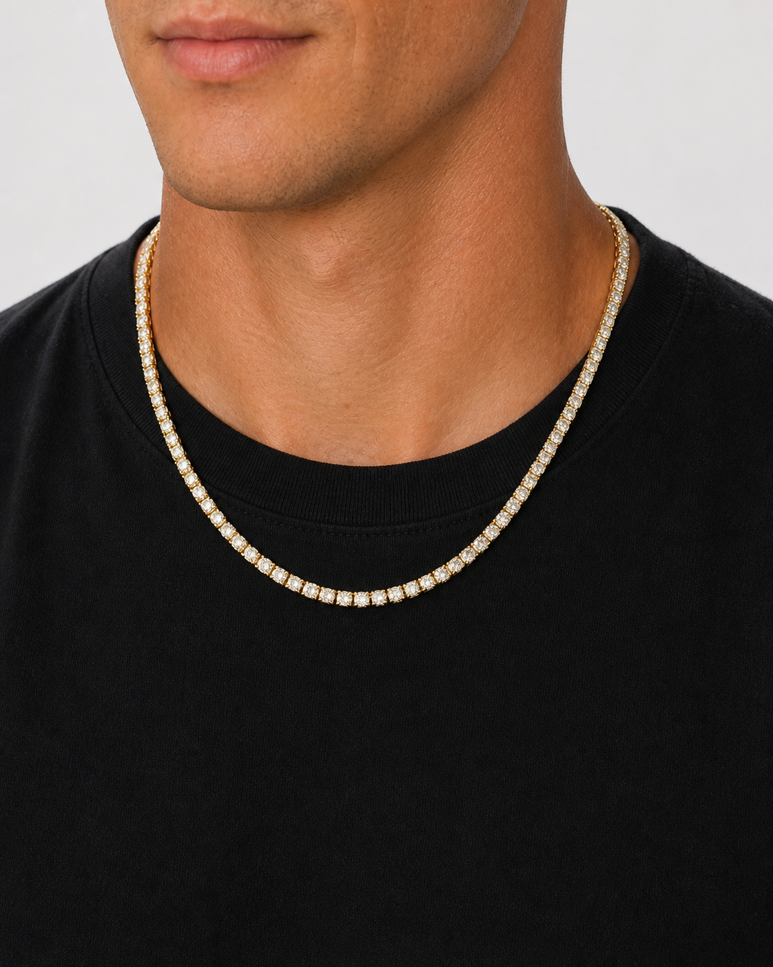 Gold Iced Tennis Chain 4 mm worn by Drew, front view