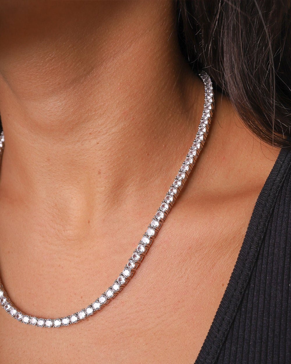 Silver Iced Tennis Chain 4 mm worn by Mell, angled view