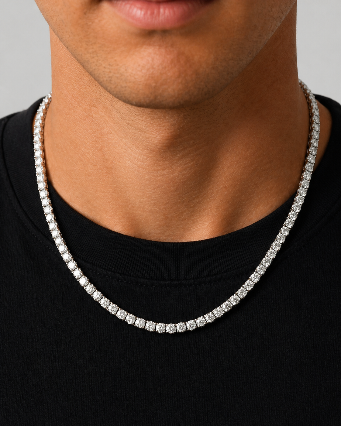 Silver Iced Tennis Chain 4 mm worn by Tyler, close front view