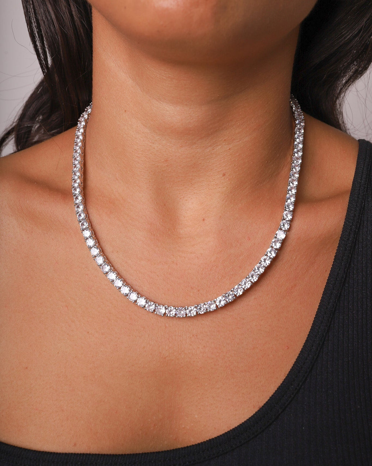 Silver Iced Tennis Chain 5 mm worn by Mell, front view