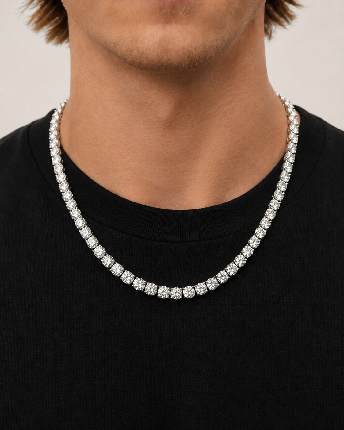 Silver Iced Tennis Chain 5 mm worn by Tyler, front view