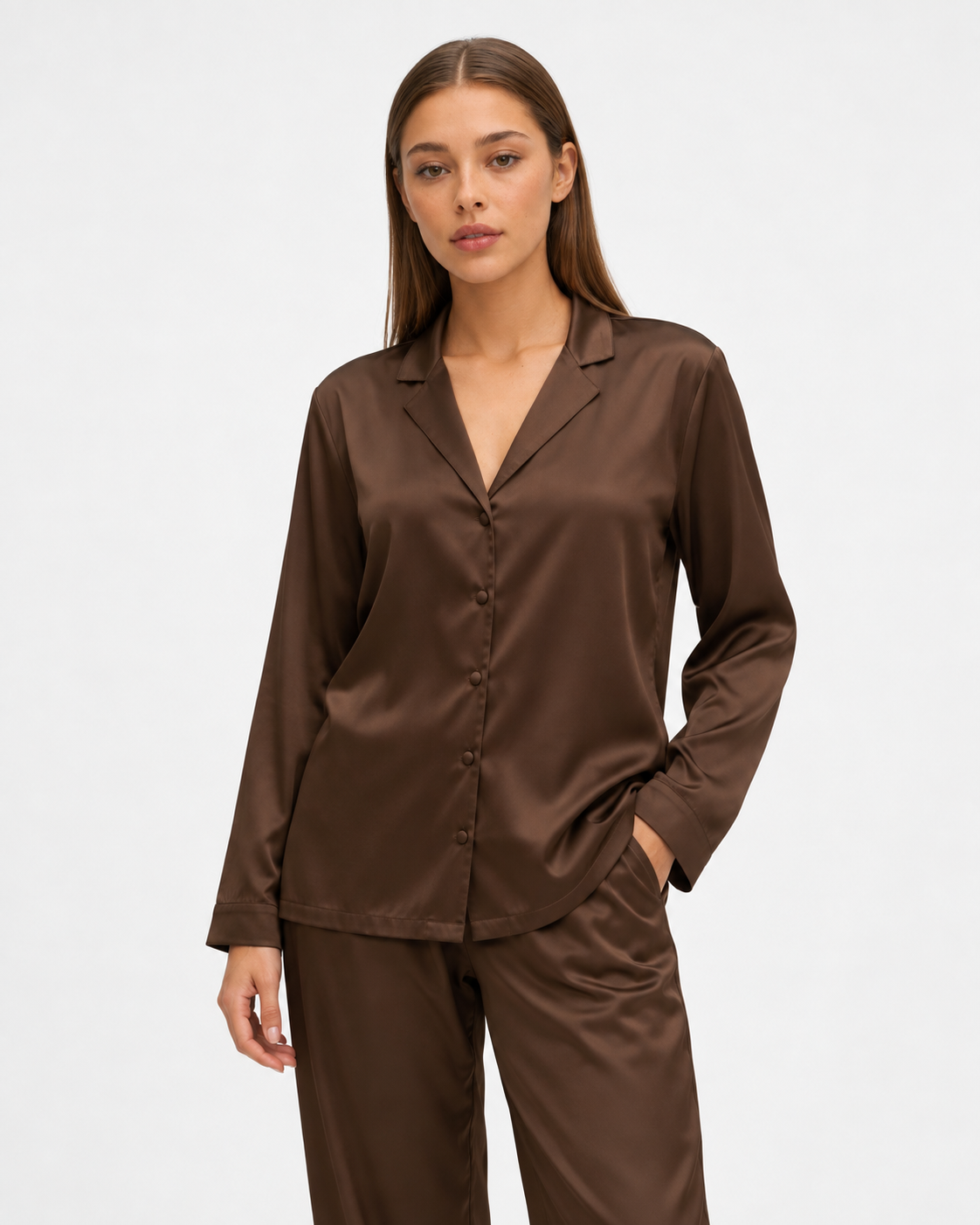Sara wearing the Long Pajama Set in brown, closer front view