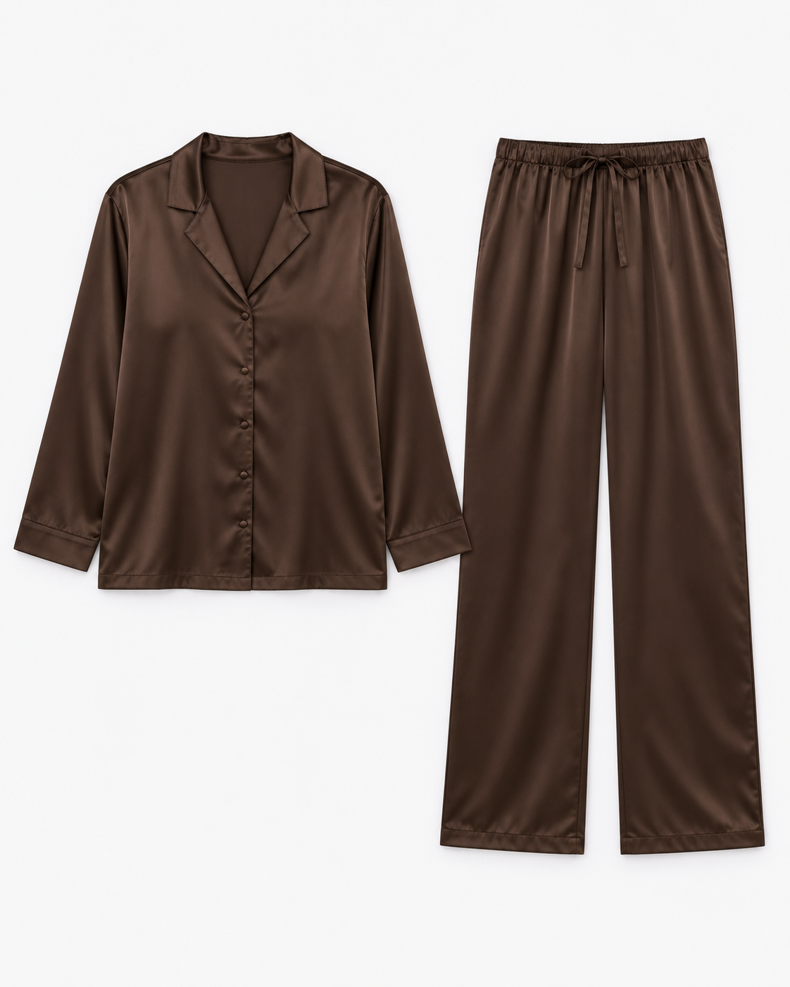 Long Pajama Set in brown, both pieces shown flat