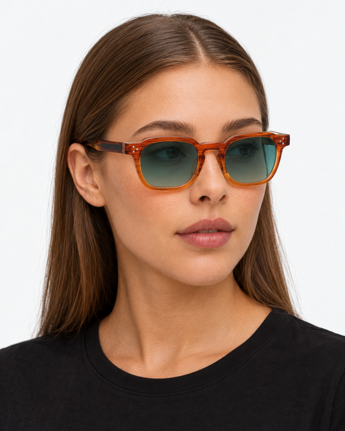Square Sunglasses in translucent orange with green gradient lenses, worn by a woman