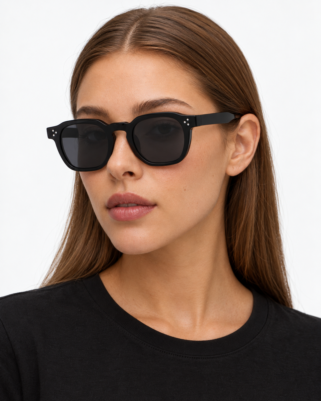 Square Sunglasses in gloss black with grey lenses, worn by a woman