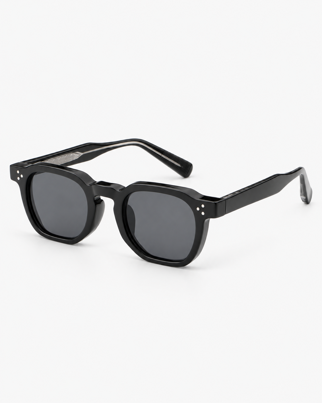 Square Sunglasses in gloss black with grey lenses, three-quarter view