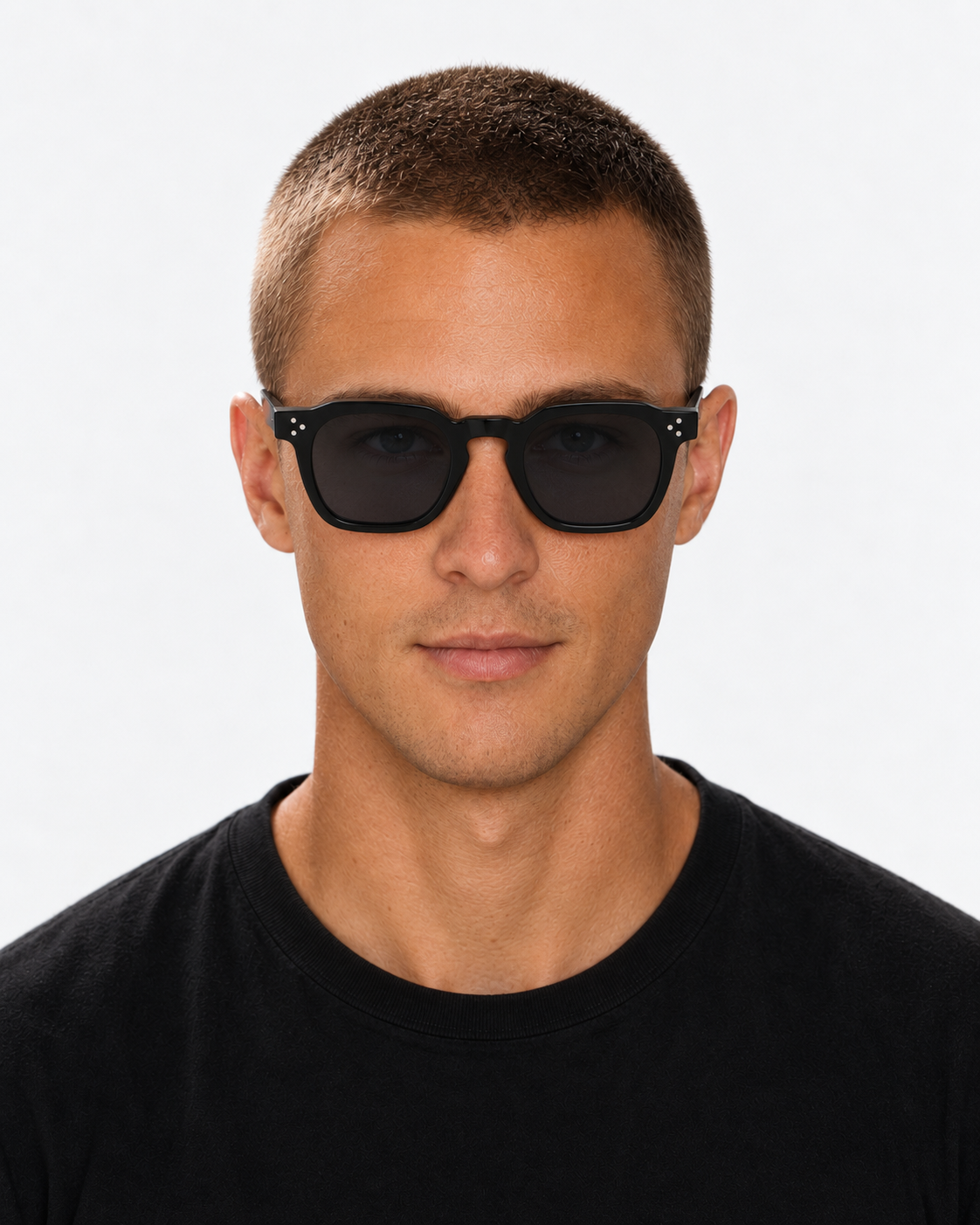Square Sunglasses in gloss black with grey lenses, worn by a man