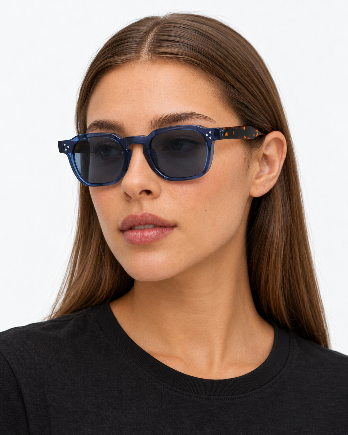 Square Sunglasses in translucent blue with blue grey lenses, worn by a woman