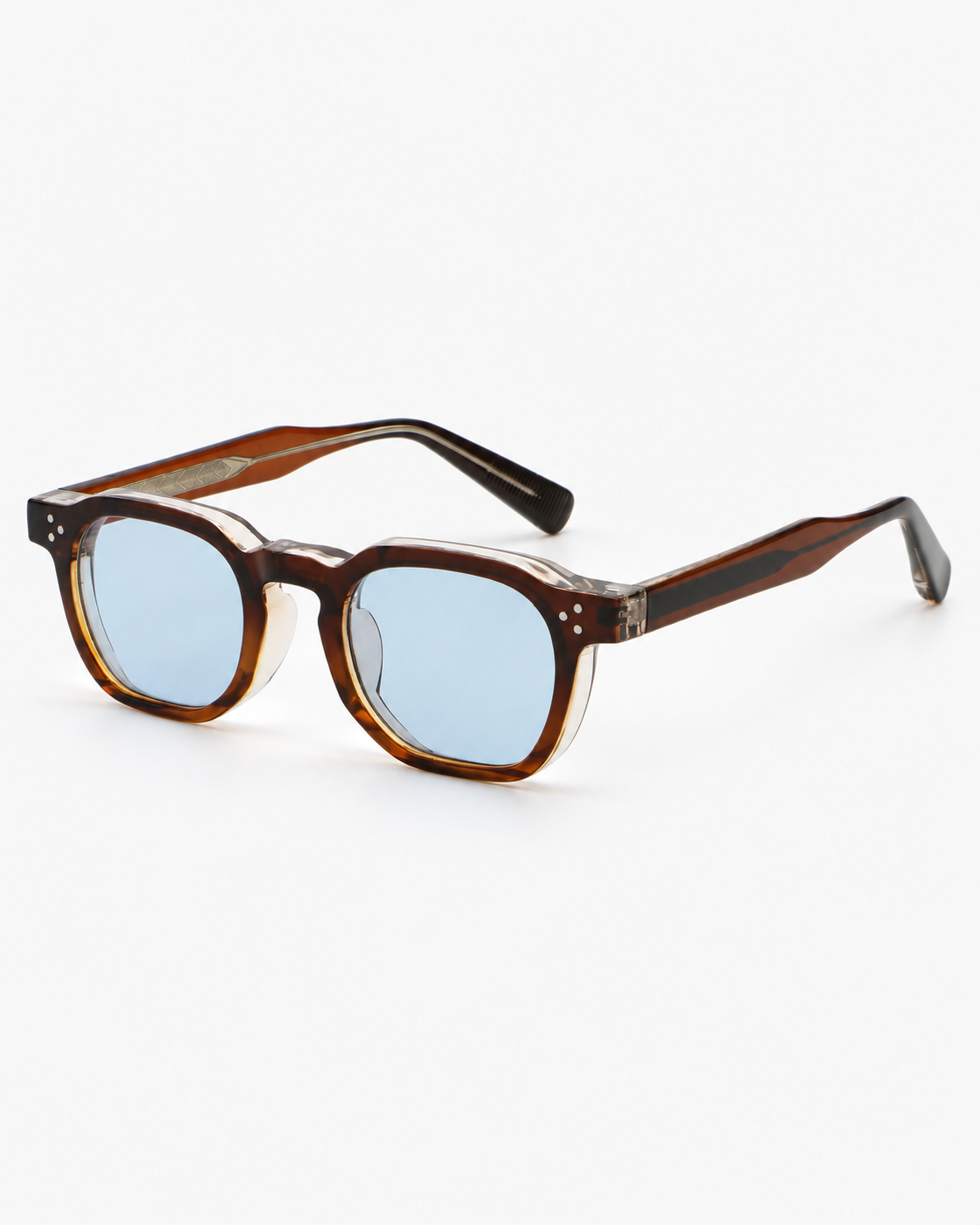 Square Sunglasses in dark tortoiseshell with pale blue lenses, three-quarter view