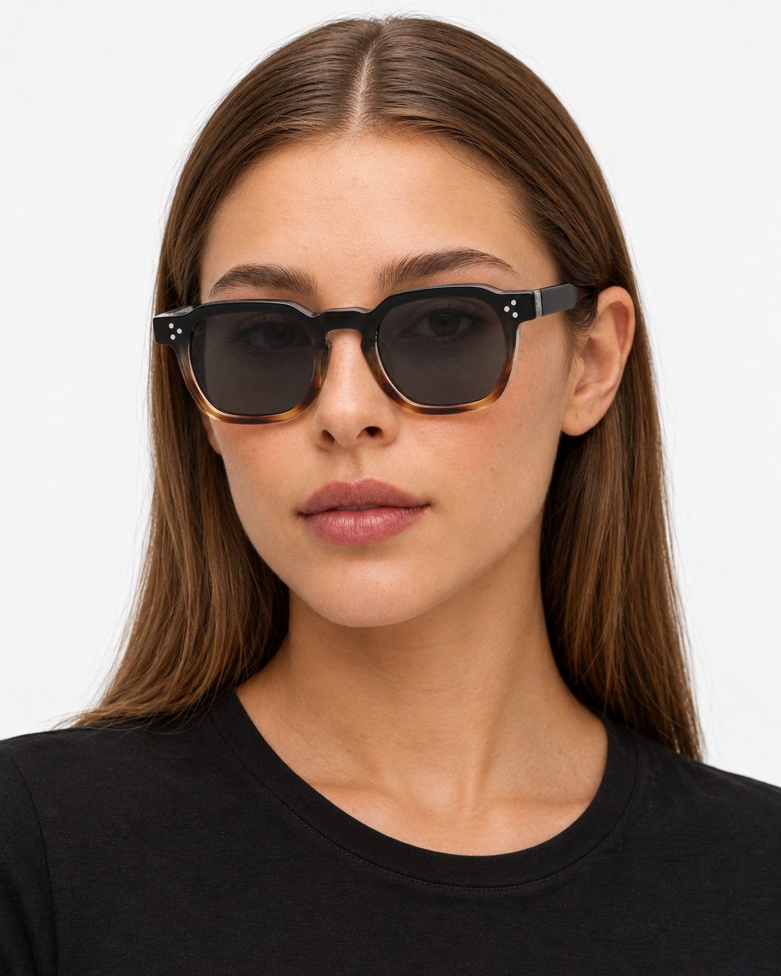 Square Sunglasses in black fading into tortoiseshell with grey lenses, worn by a woman