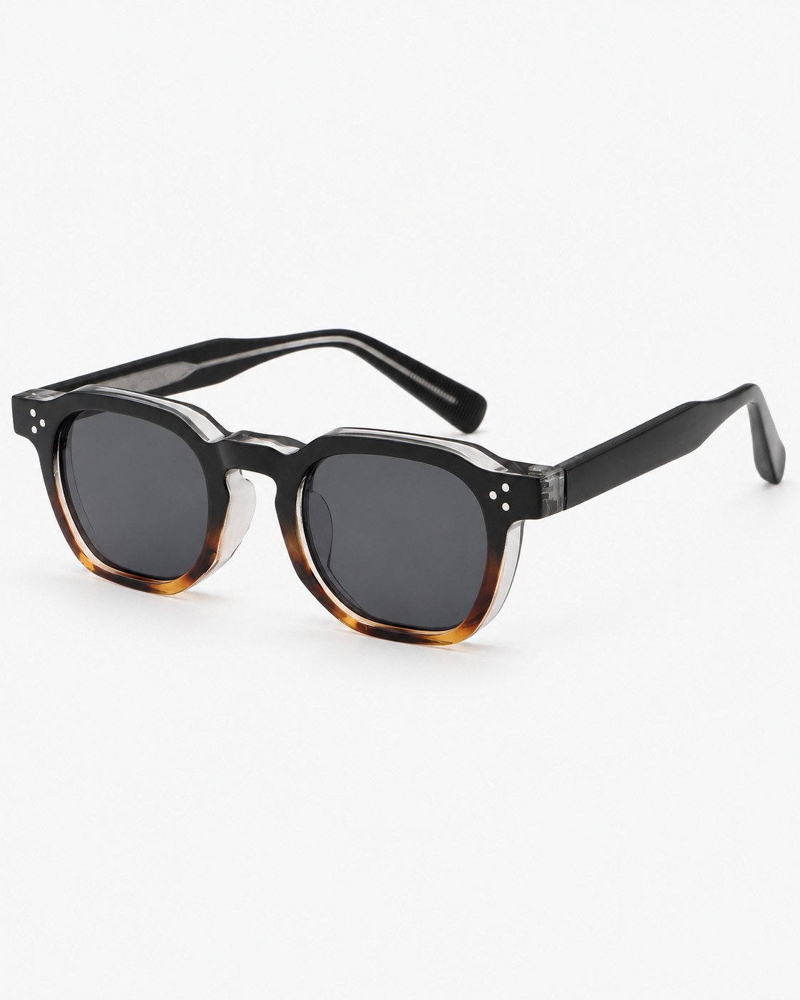 Square Sunglasses in black fading into tortoiseshell with grey lenses, three-quarter view