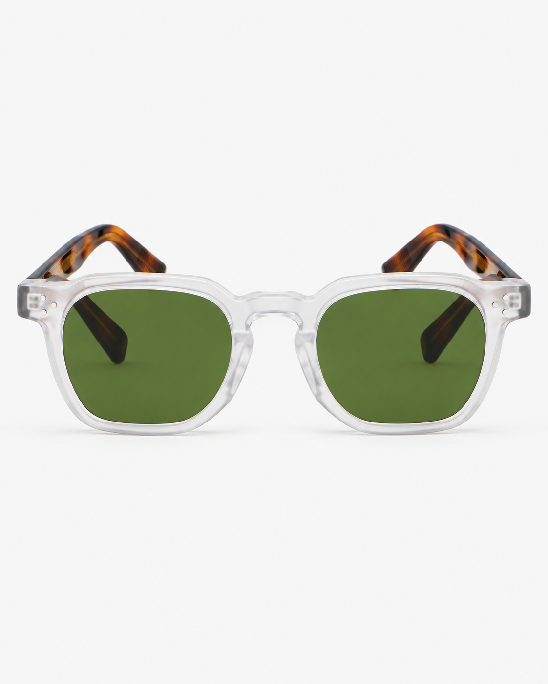 Square Sunglasses in clear with tortoiseshell arms and green lenses, front view