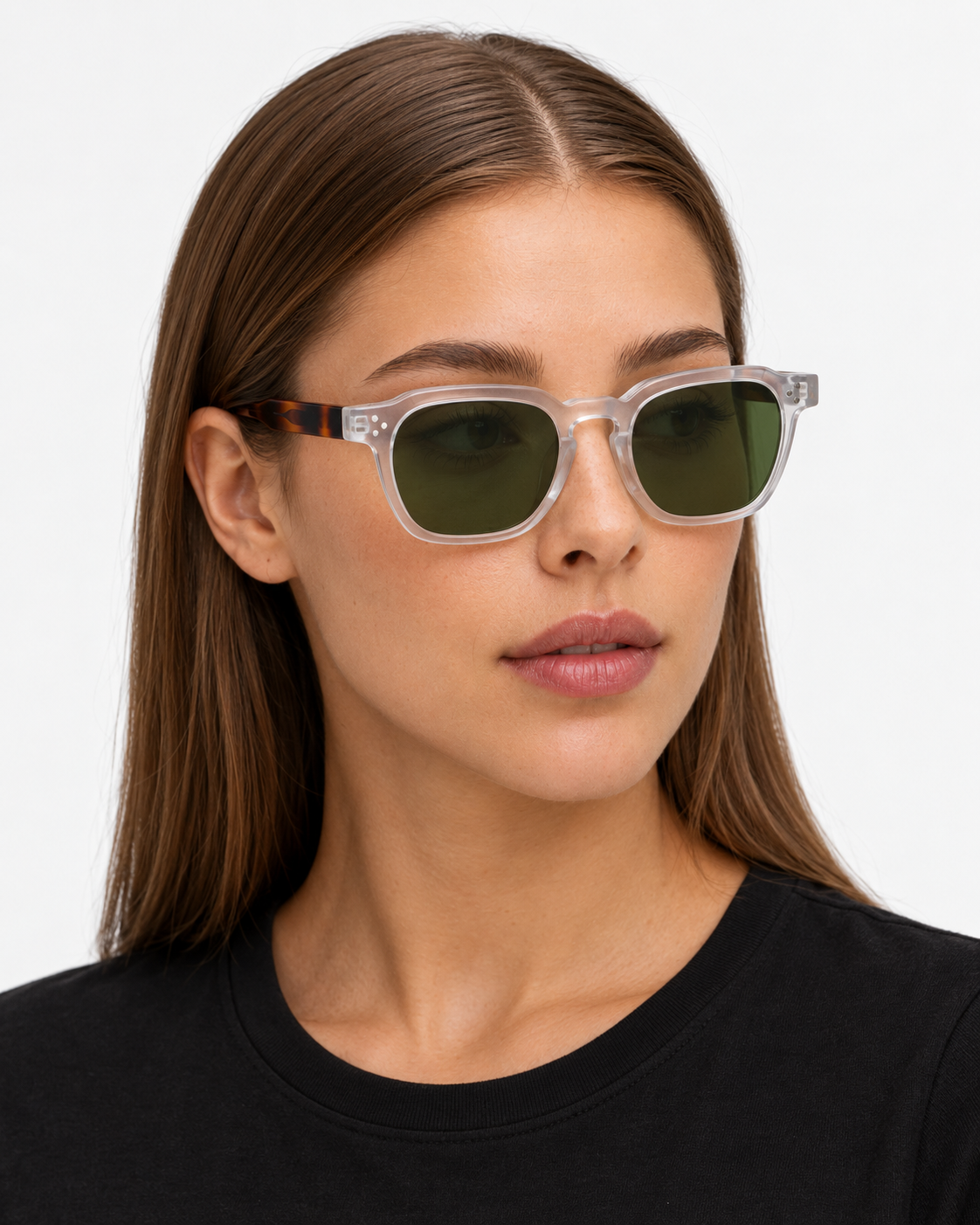 Square Sunglasses in clear with tortoiseshell arms and green lenses, worn by a woman