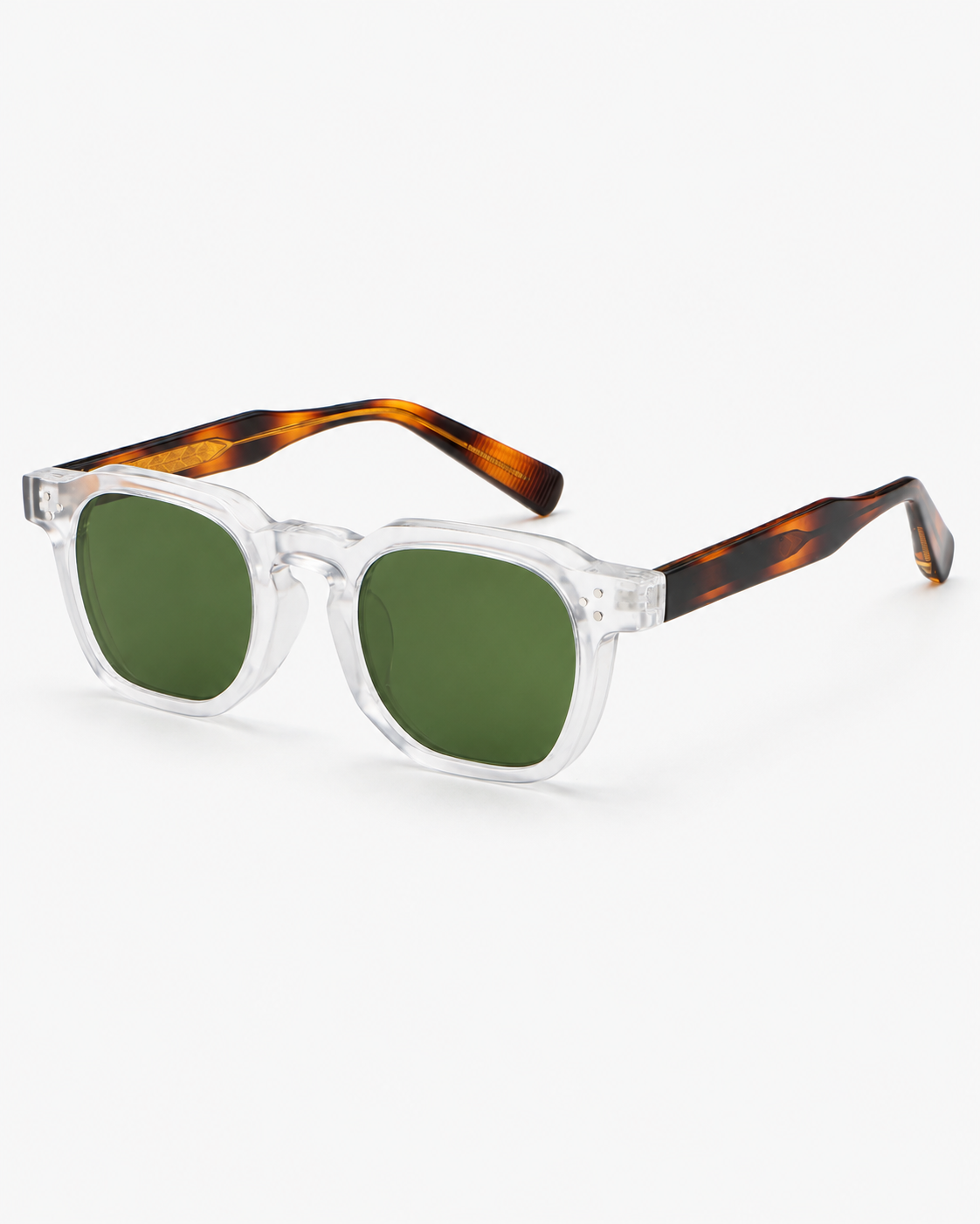 Square Sunglasses in clear with tortoiseshell arms and green lenses, three-quarter view