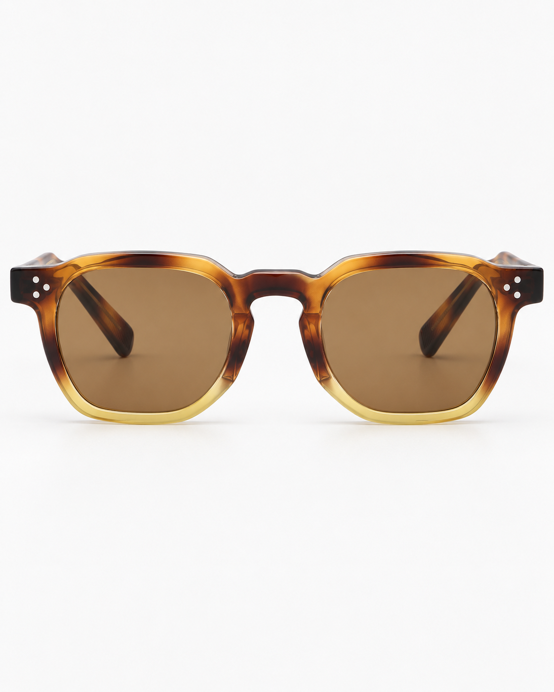 Square Sunglasses in tortoiseshell fading into honey yellow with brown lenses, front view