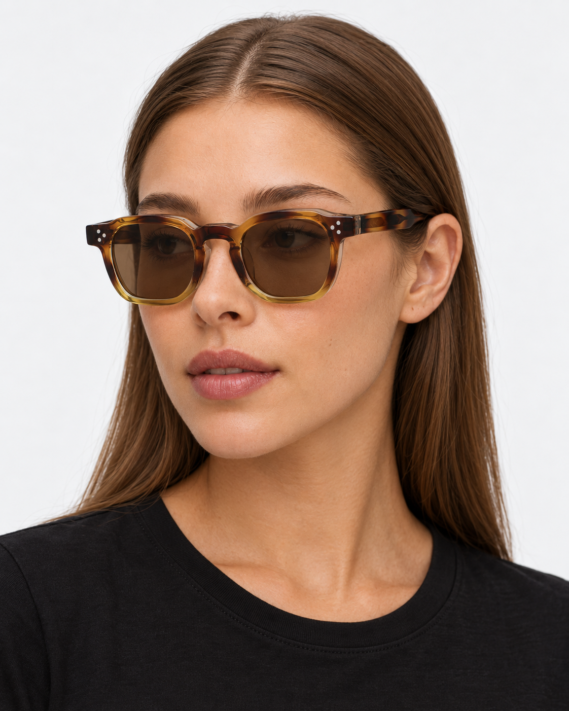 Square Sunglasses in tortoiseshell fading into honey yellow with brown lenses, worn by a woman