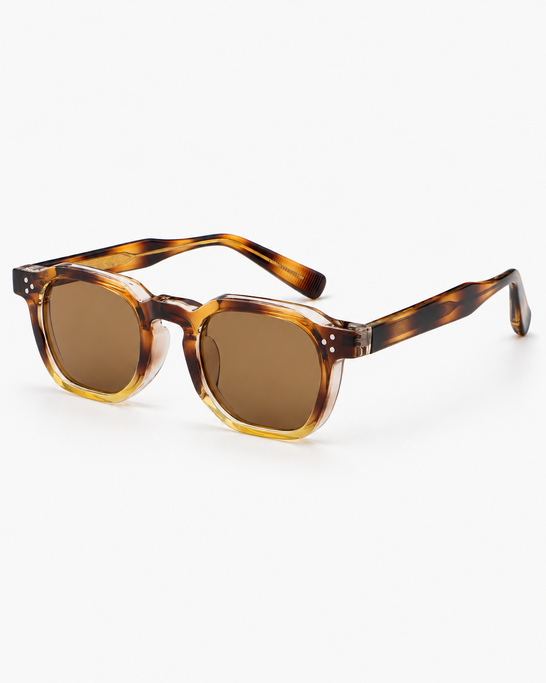 Square Sunglasses in tortoiseshell fading into honey yellow with brown lenses, three-quarter view