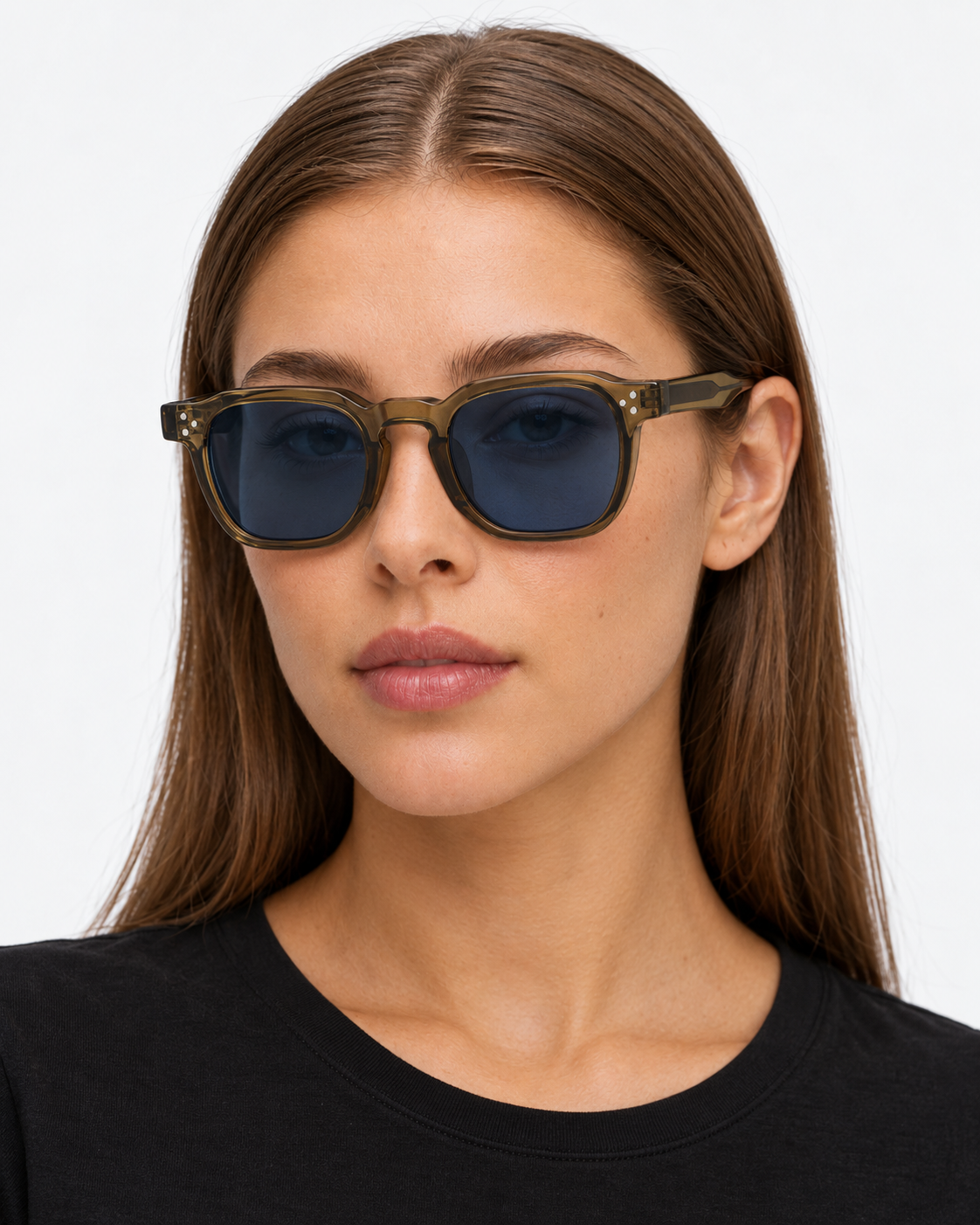 Square Sunglasses in translucent olive with blue lenses, worn by a woman
