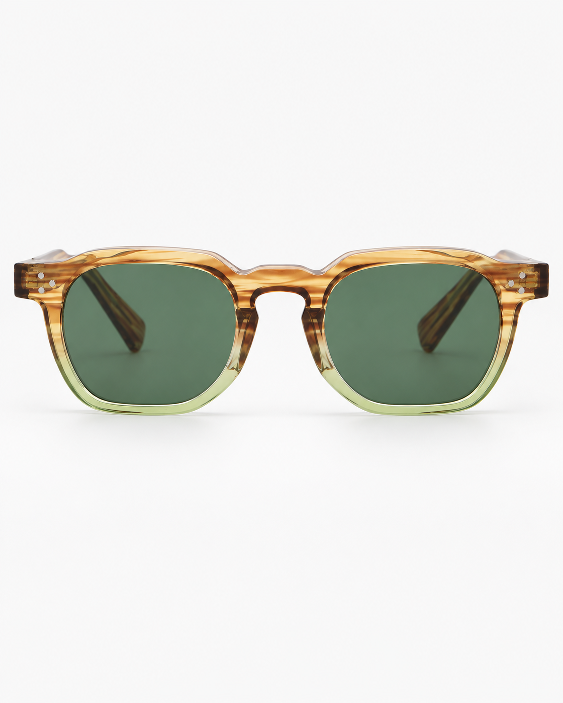 Square Sunglasses in striped brown fading into pale green with green lenses, front view