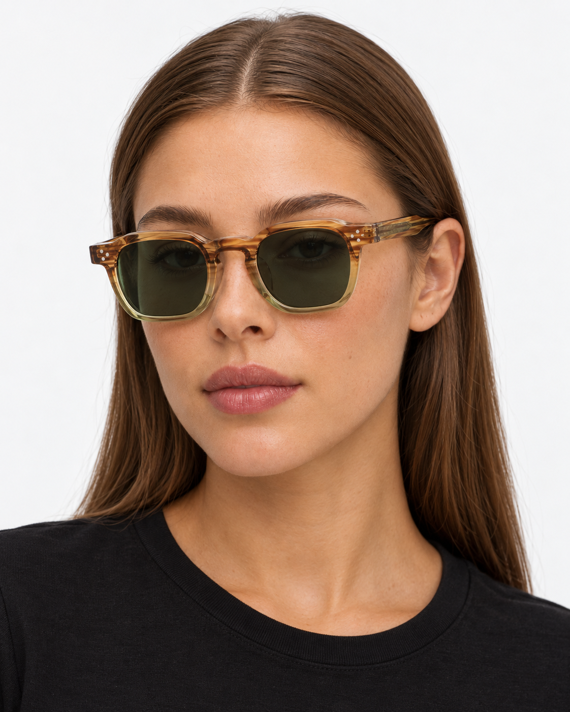 Square Sunglasses in striped brown fading into pale green with green lenses, worn by a woman