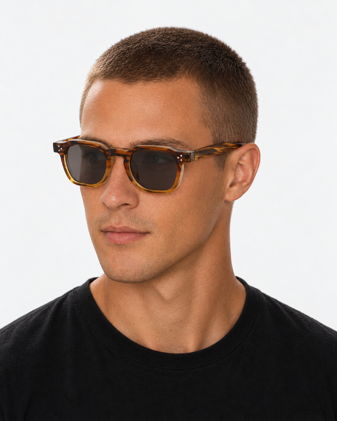 Square Sunglasses in striped tortoiseshell with smoky grey lenses, worn by a man