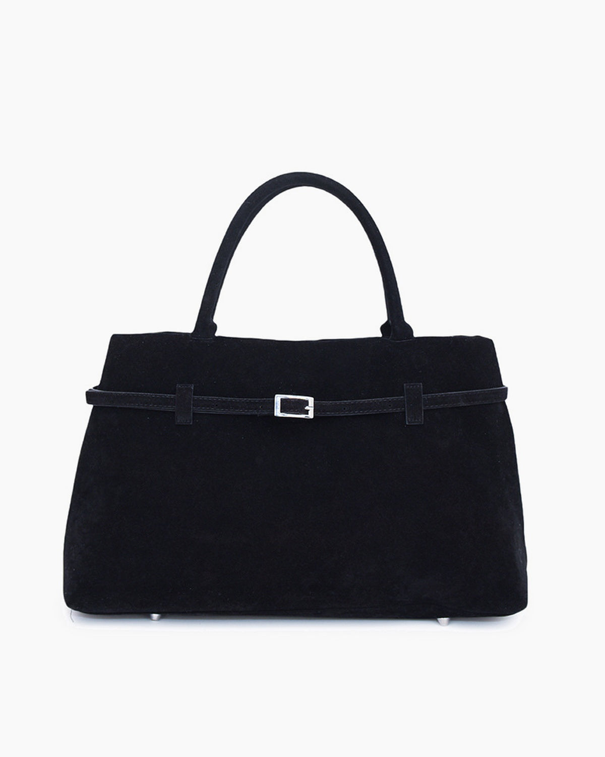 Black suede top handle bag with a slim front belt and square buckle, front view on a plain background