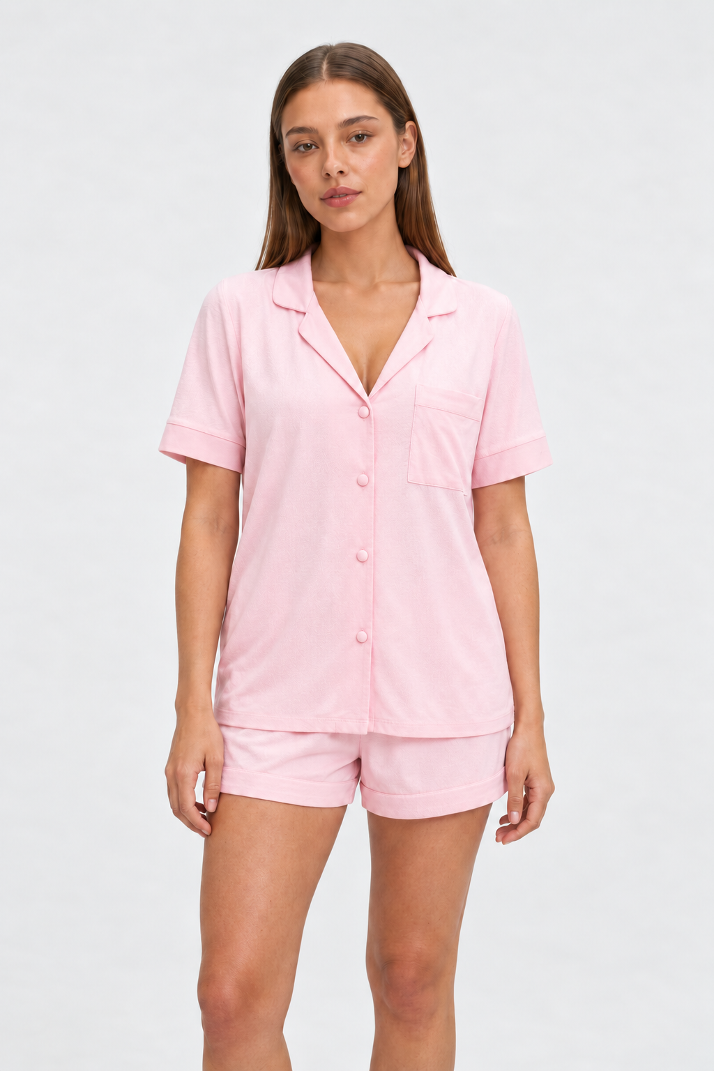 button up short pajama set pink worn by Sarah, additional studio view