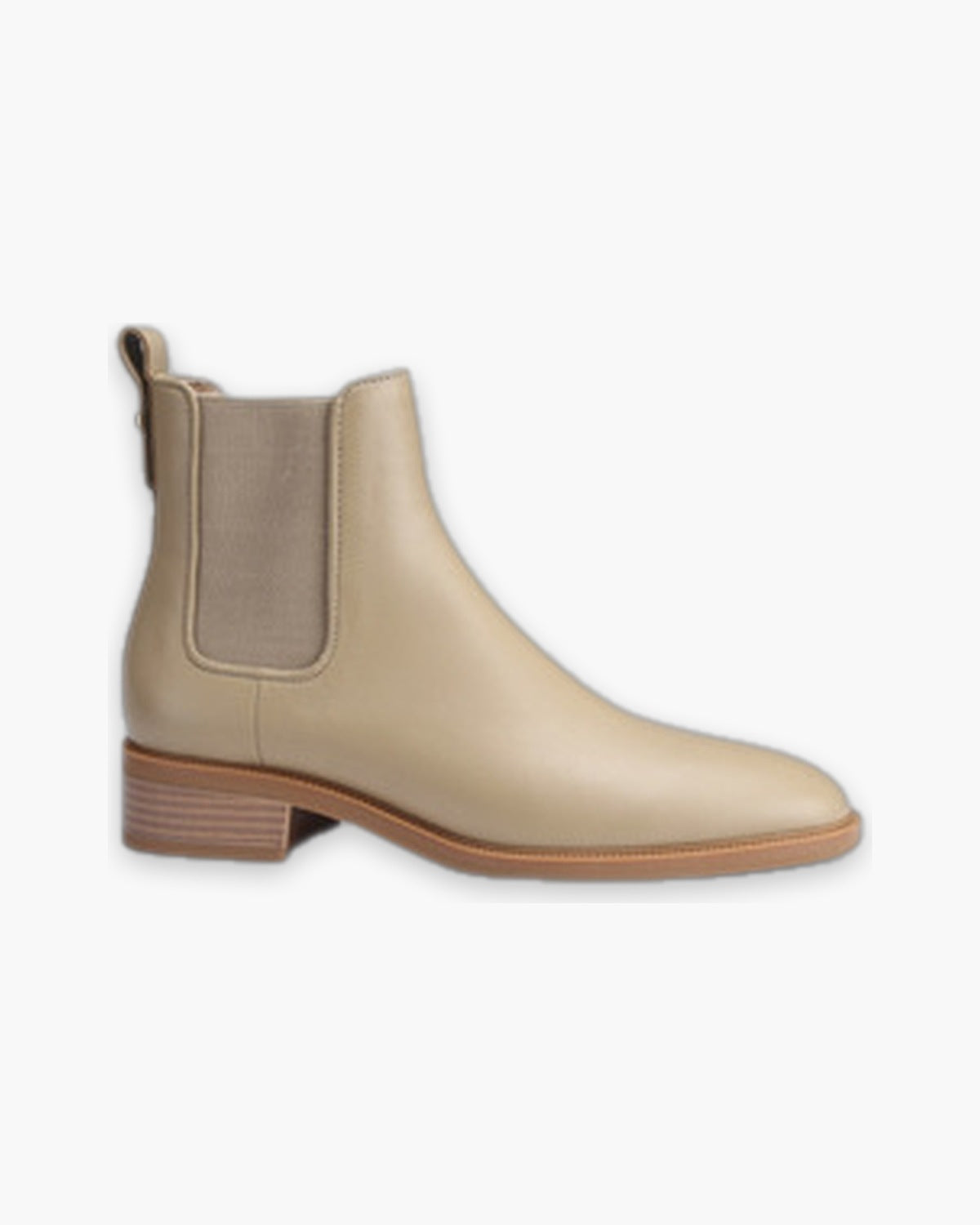 Milk tea leather Chelsea boot, side view showing the elastic gore and block heel