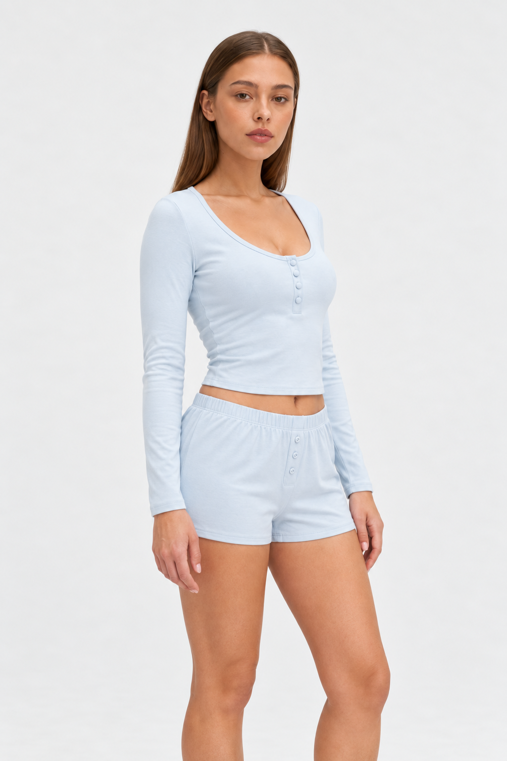 cropped short pajama set light blue worn by Sarah, studio detail