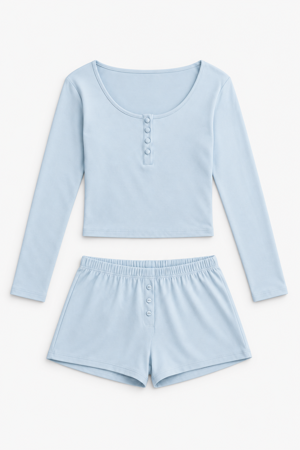 cropped short pajama set light blue studio flatlay