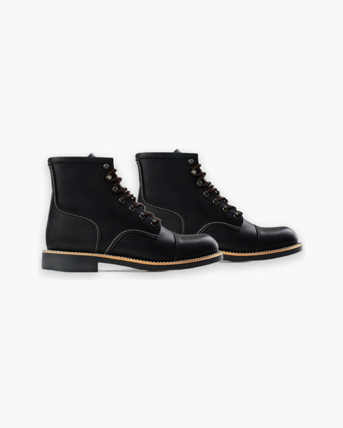 Pair of black leather work boots with a welted sole, on a plain background