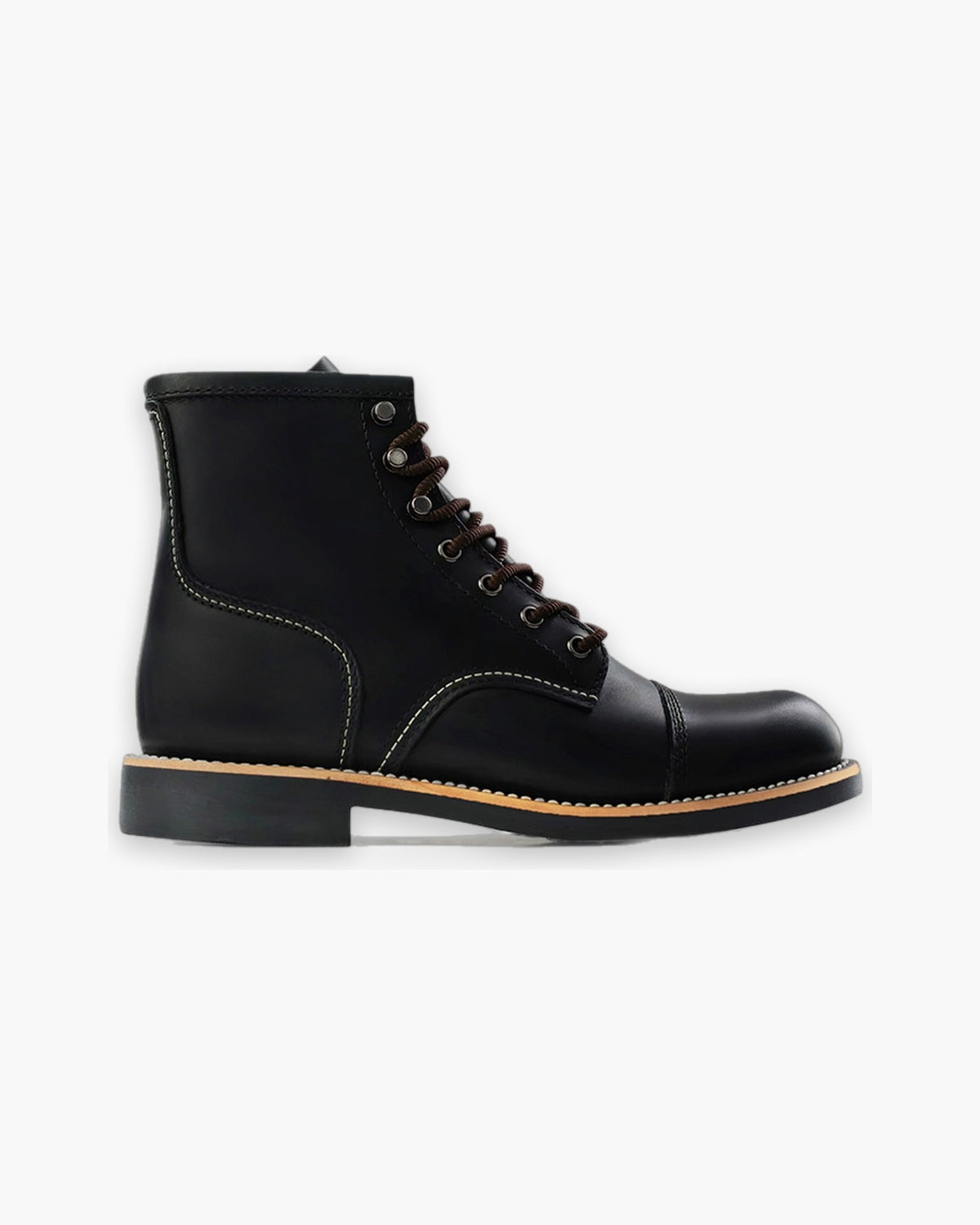Black leather work boot, side view showing the welted sole