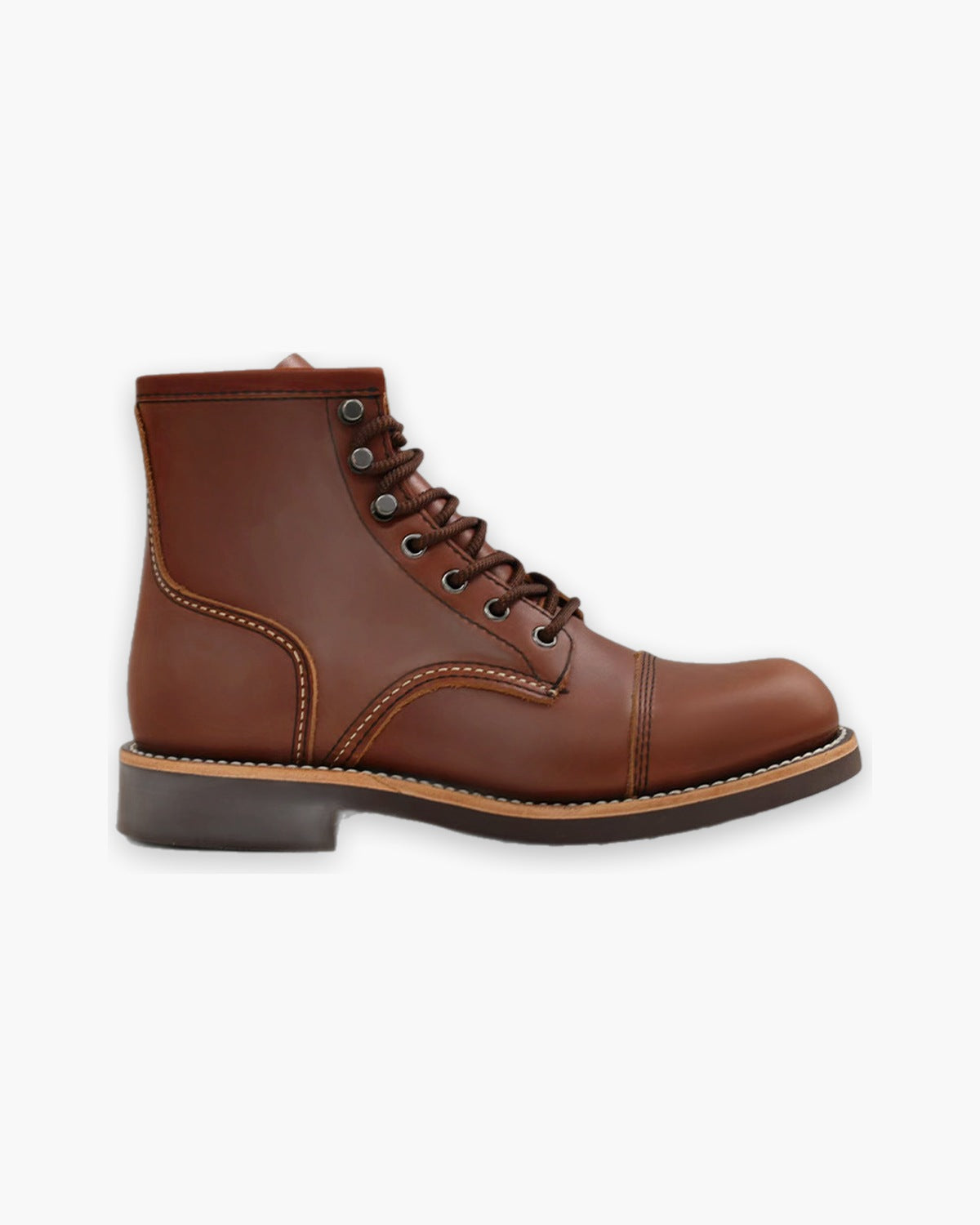 Brown leather work boot, side view showing the welted sole
