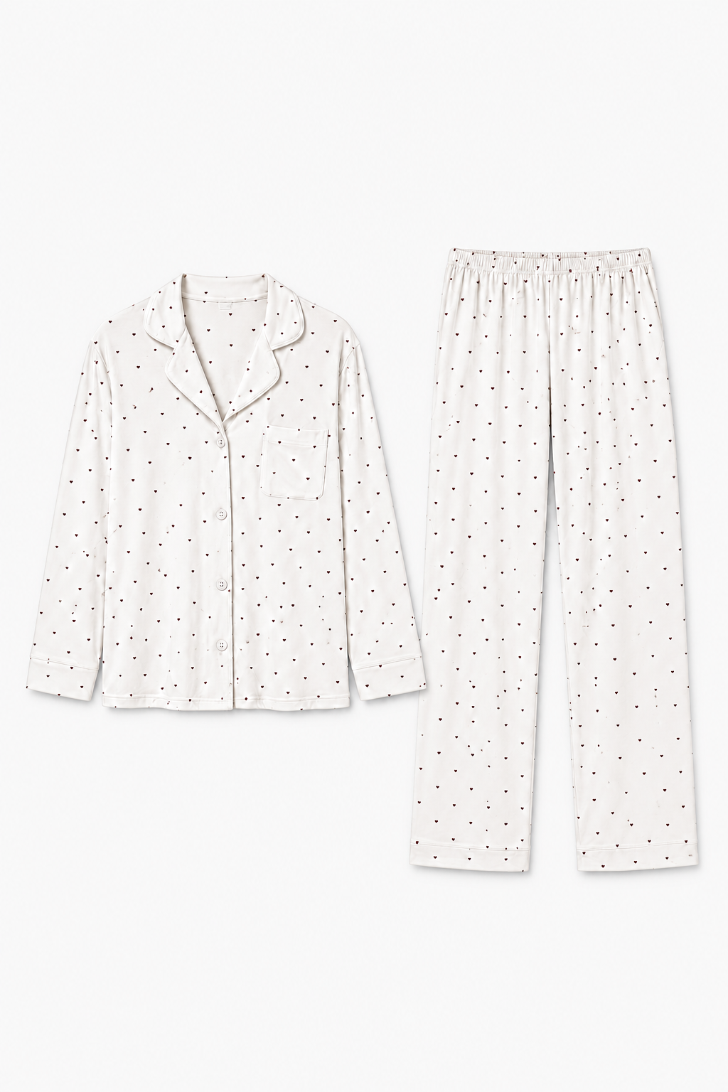 long heart print pajama set white studio flatlay