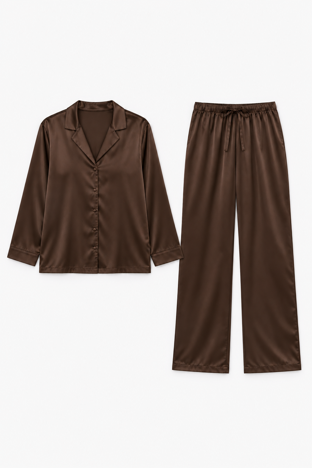 long silk pajama set brown studio flatlay