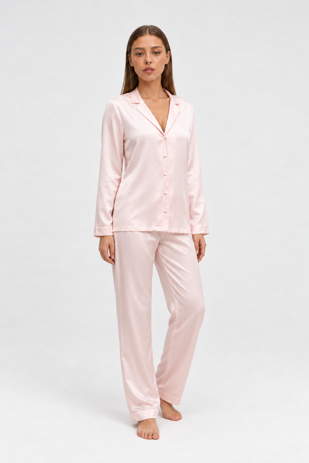 long silk pajama set pink worn by Sarah, studio view
