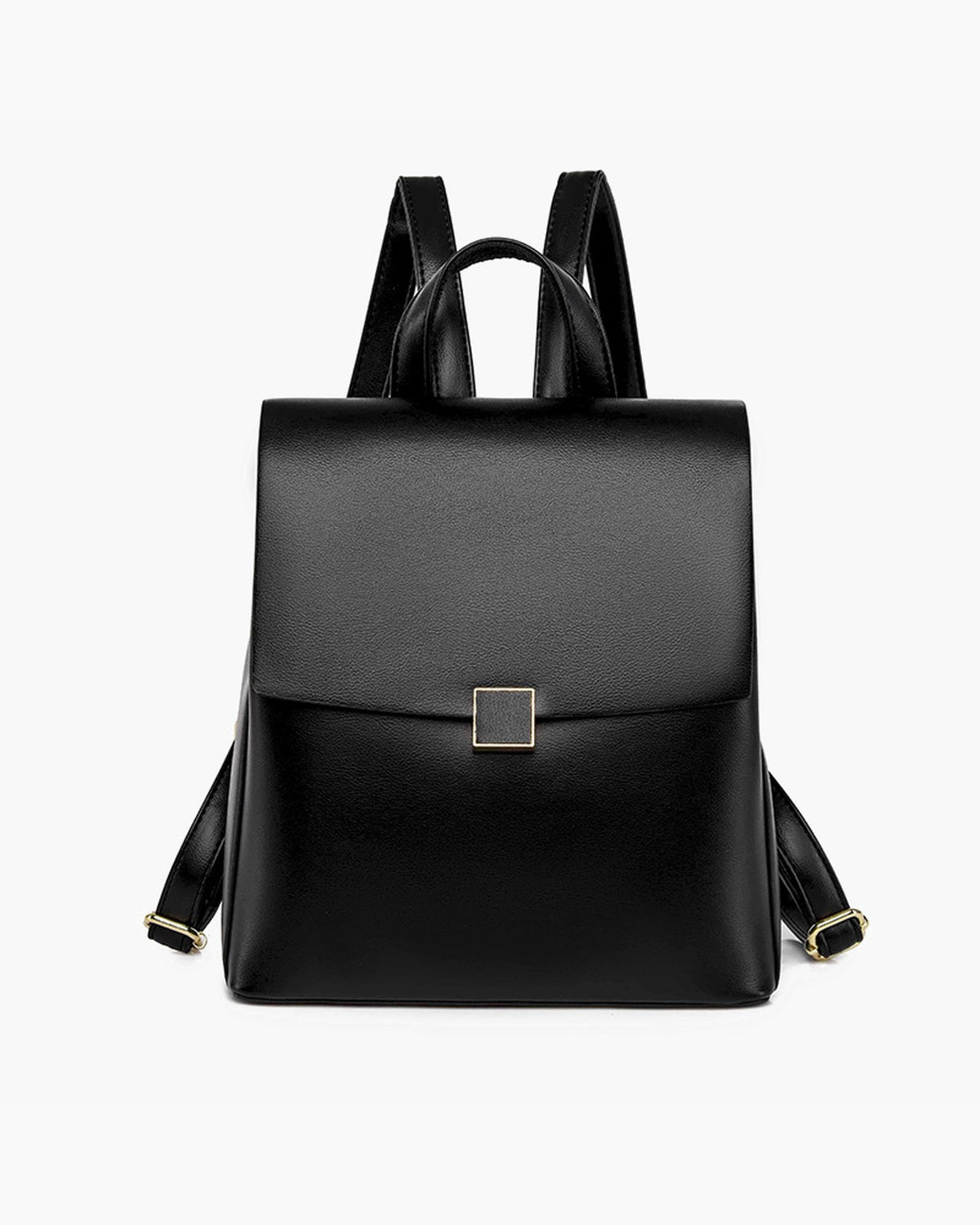 Black mini backpack with a square fold-over flap and gold clasp, front view on a plain background