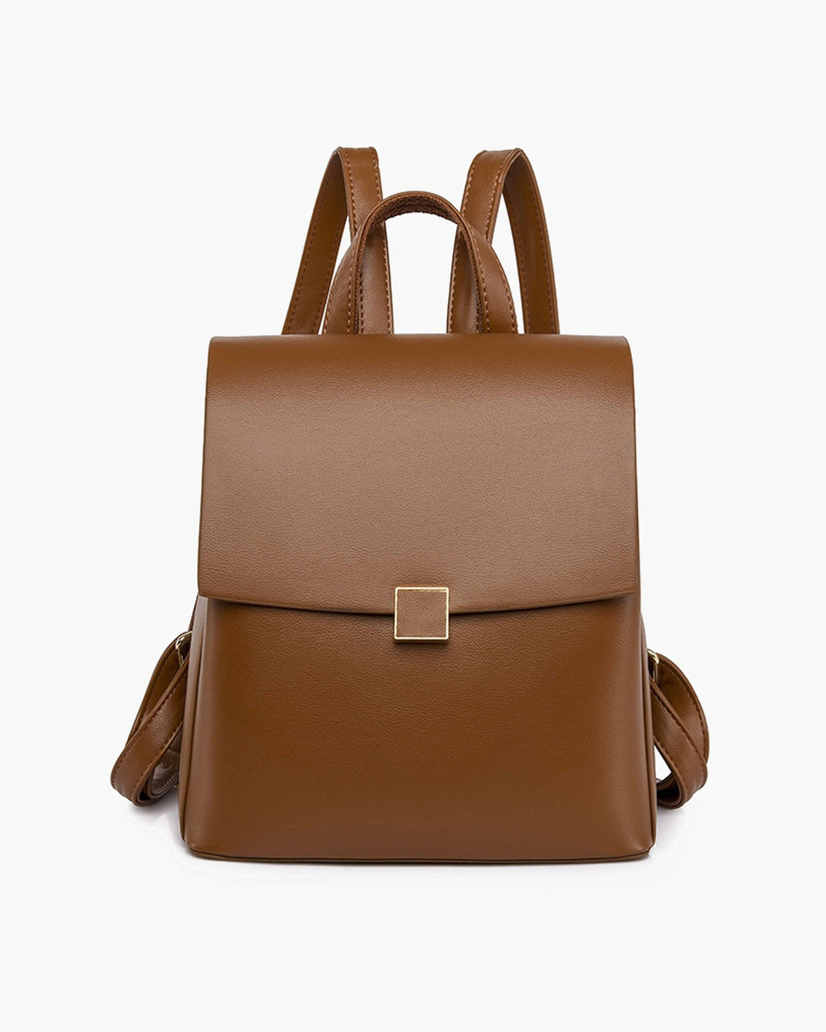 Brown mini backpack with a square fold-over flap and gold clasp, front view on a plain background