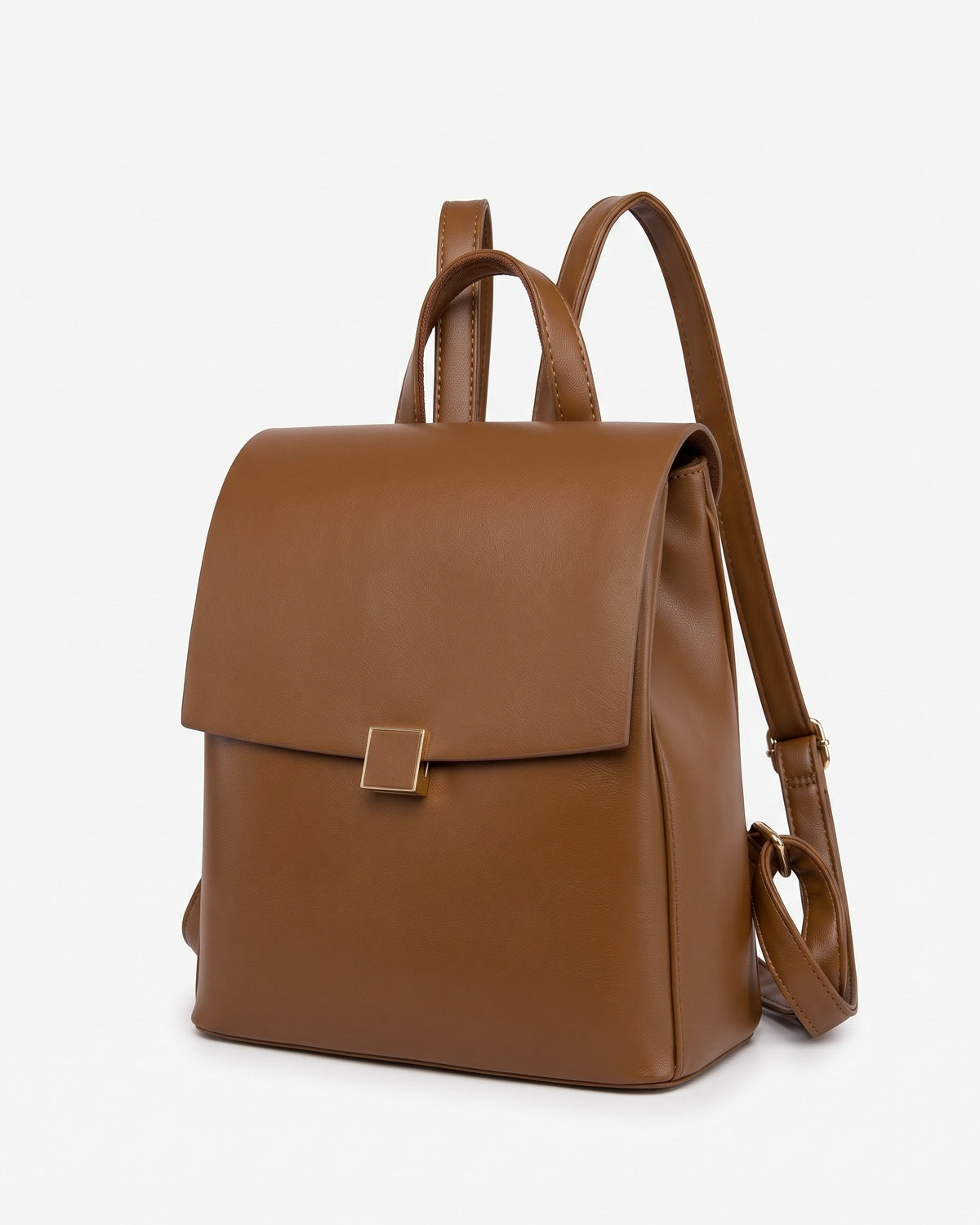 Brown mini backpack with adjustable straps and gold hardware, three-quarter view on a plain background