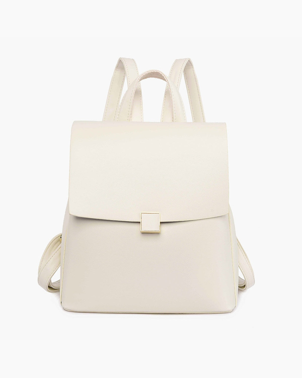 Off-white mini backpack with a square fold-over flap and gold clasp, front view on a plain background