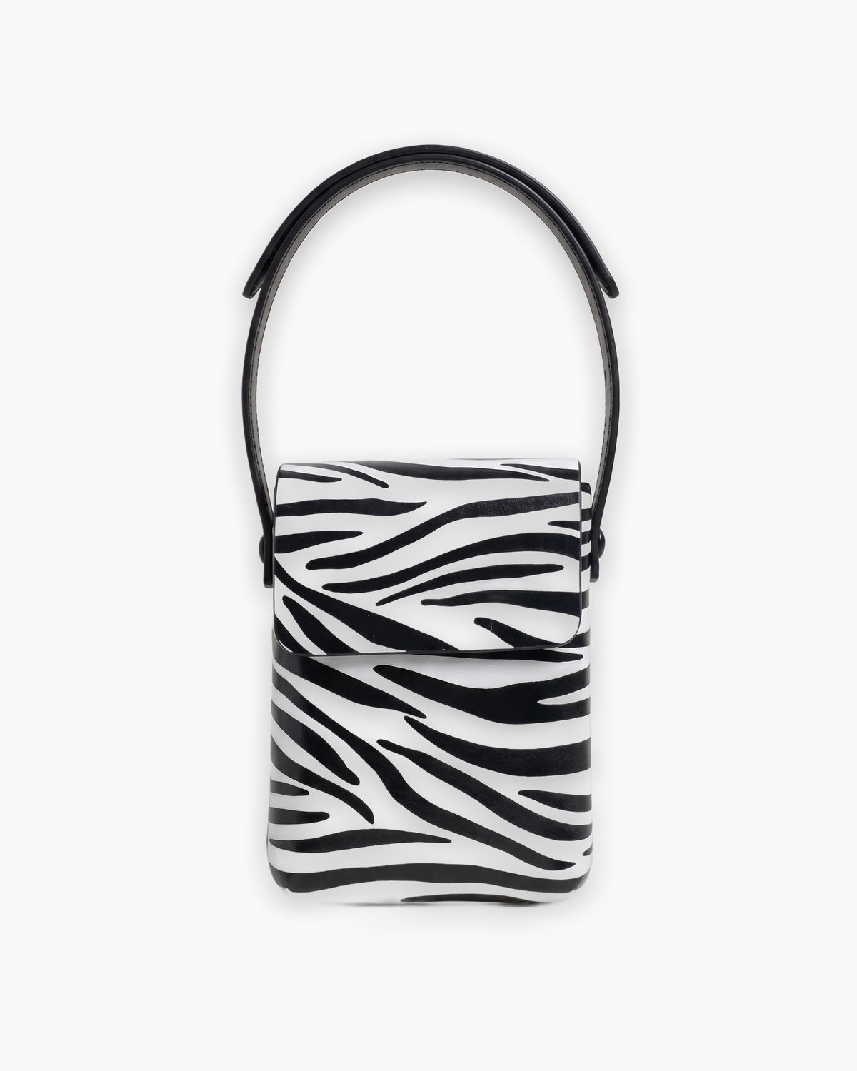 Zebra print mini crossbody bag with a short front flap, on a plain background