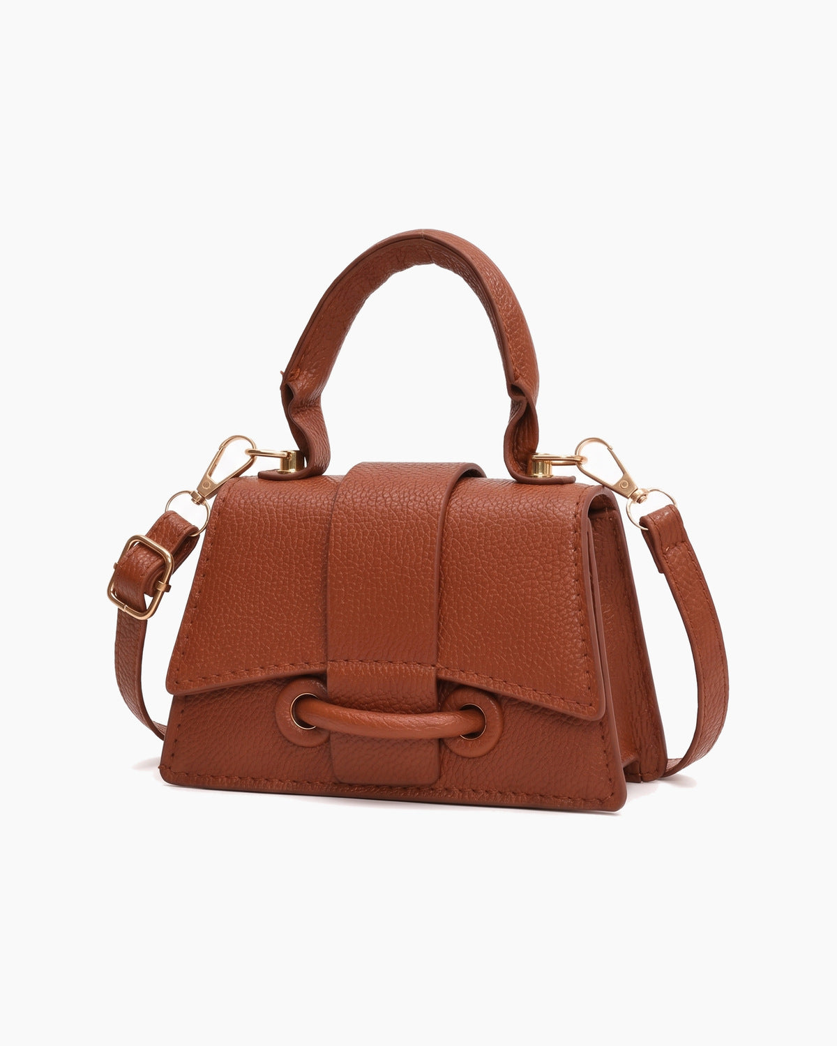 Brown mini top handle bag turned to show its side, on a plain background