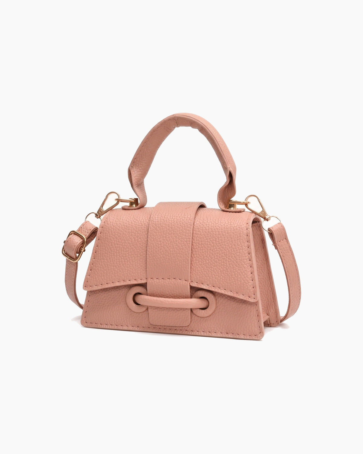 Pink mini top handle bag turned to show its side, on a plain background