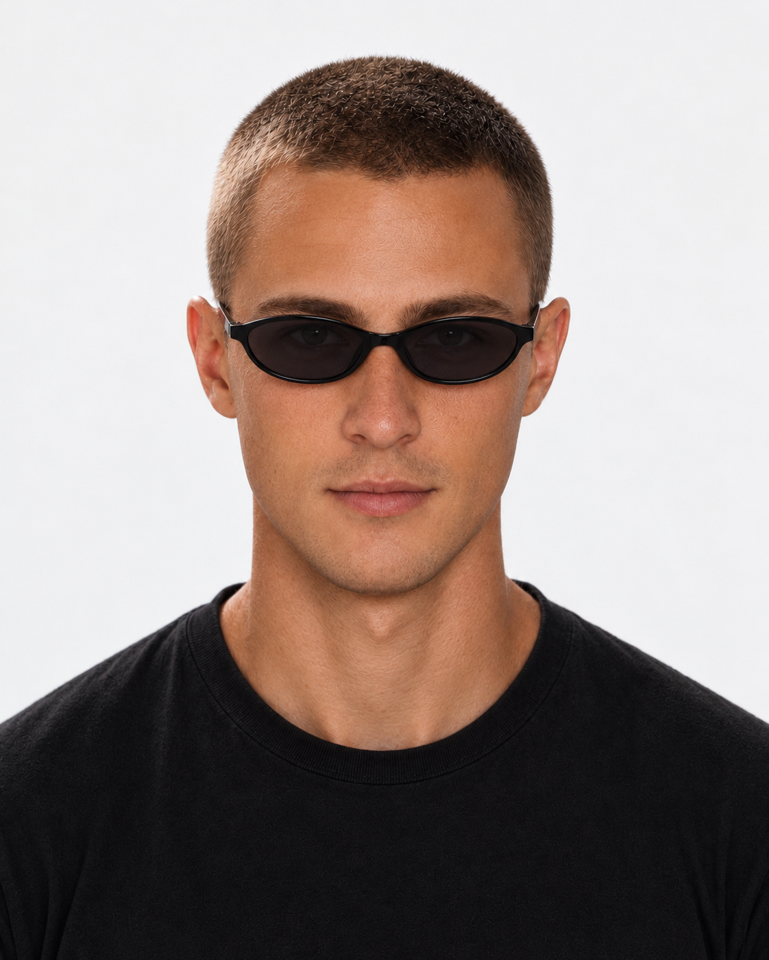 Oval Sunglasses in gloss black with grey lenses, worn by a man