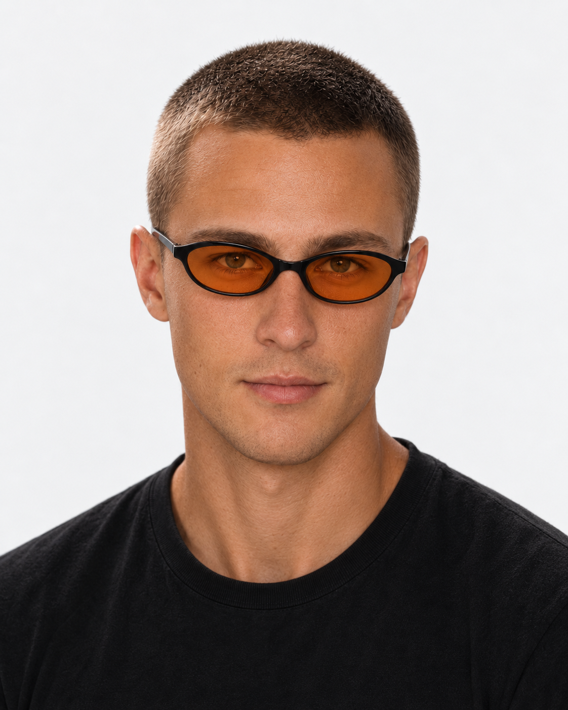 Oval Sunglasses in gloss black with tangerine orange lenses, worn by a man