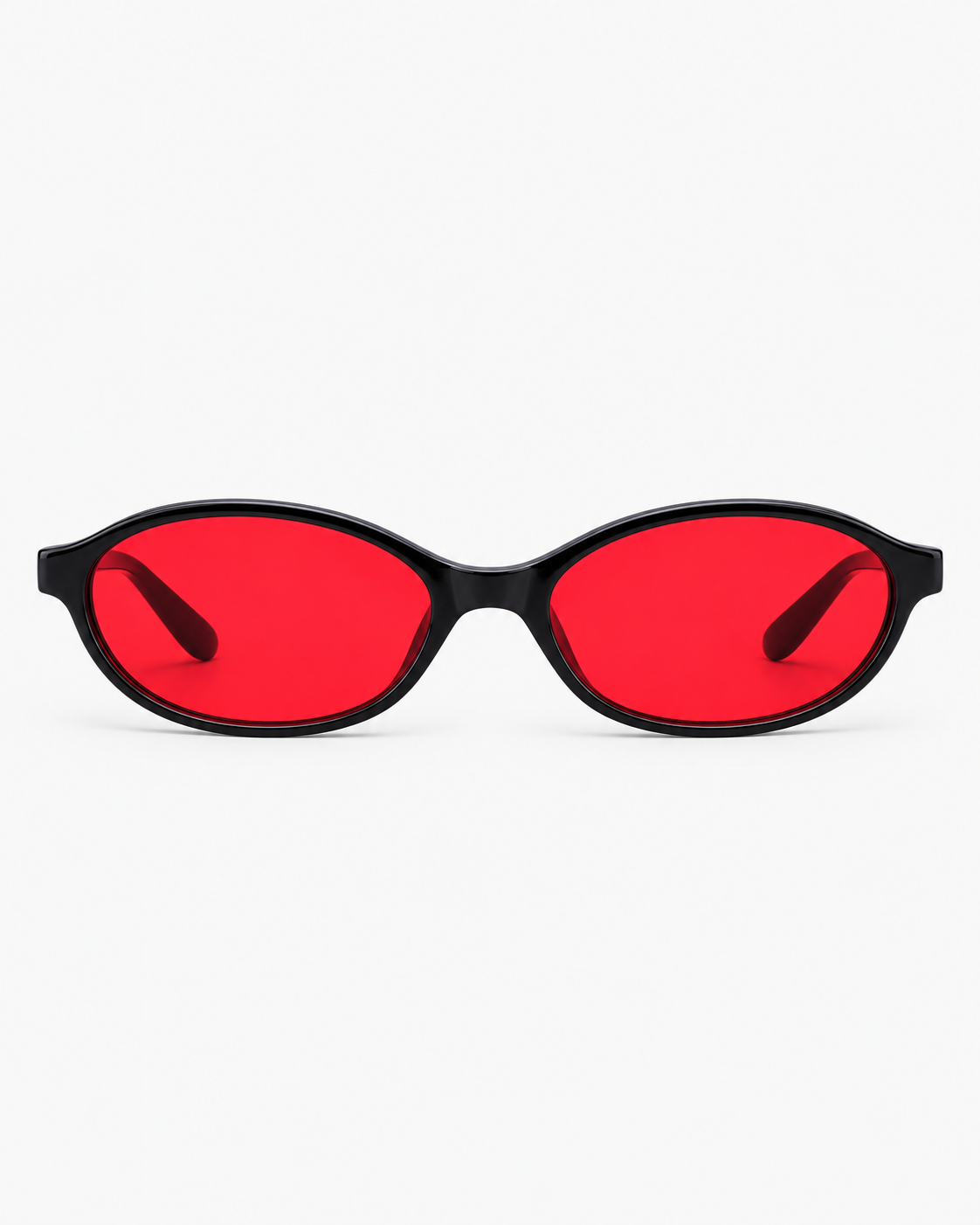 Oval Sunglasses in gloss black with cherry red lenses, front view