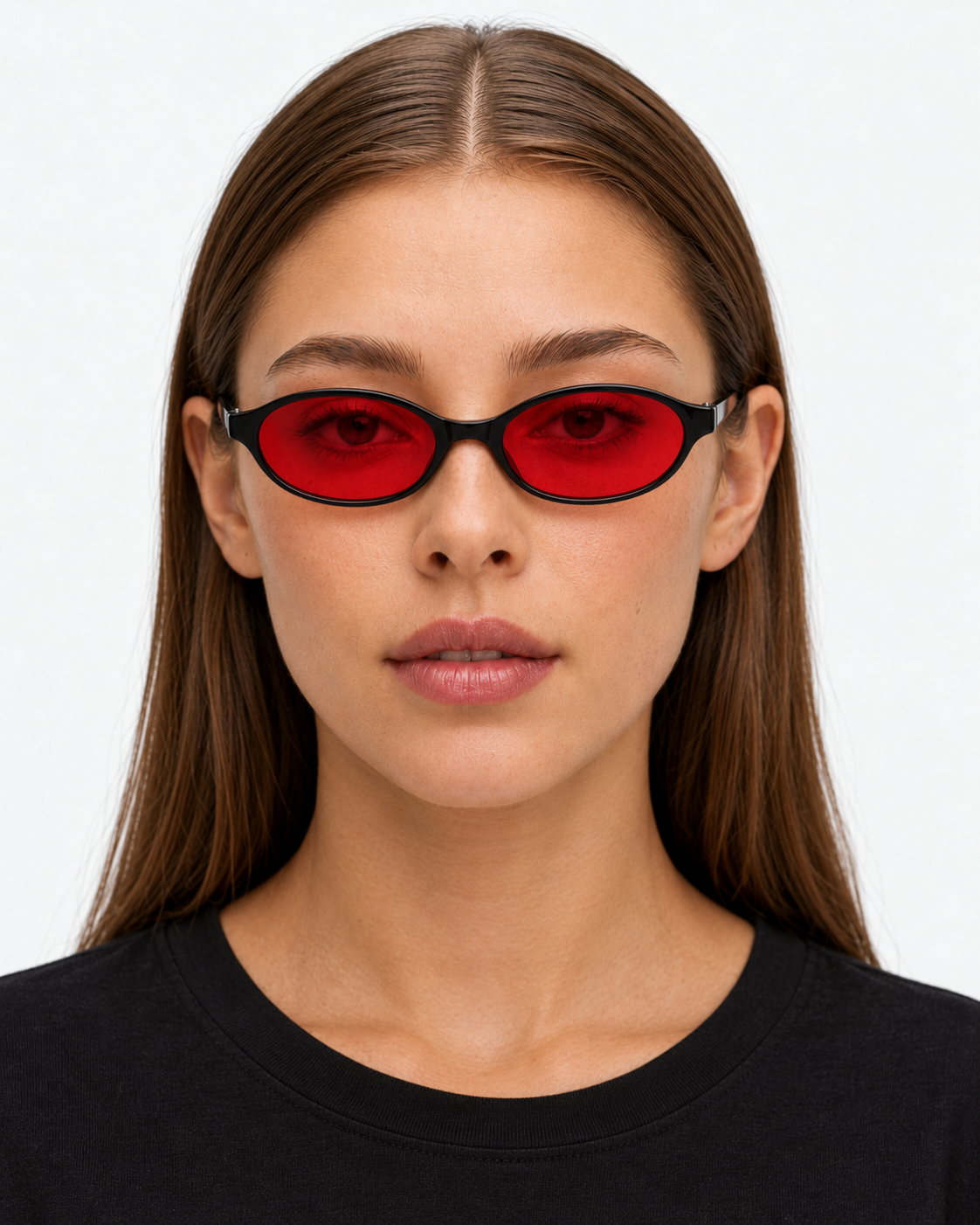 Oval Sunglasses in gloss black with cherry red lenses, worn by a woman